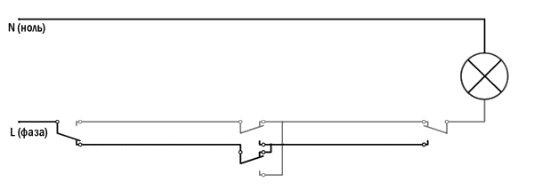 Схема подключения проходного выключателя с трёх мест